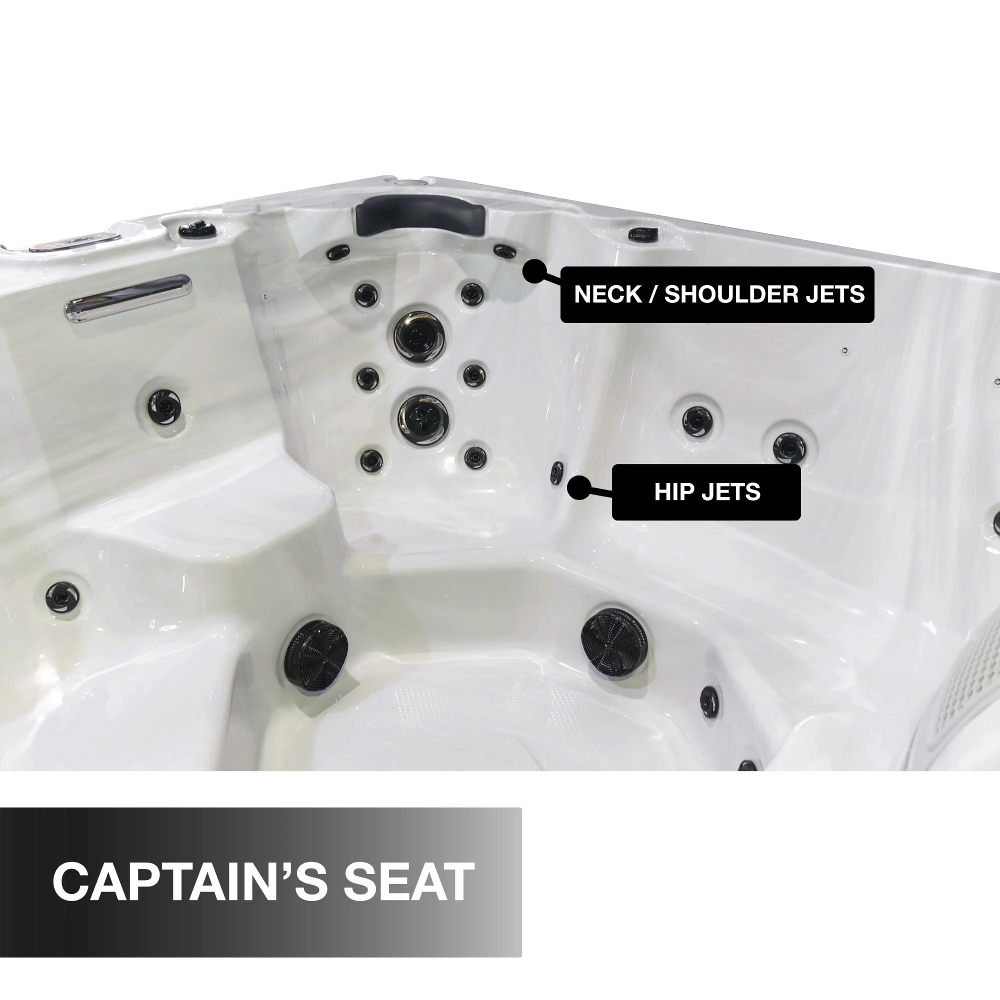 Huron captain's seat with neck, shoulder, and hip jets